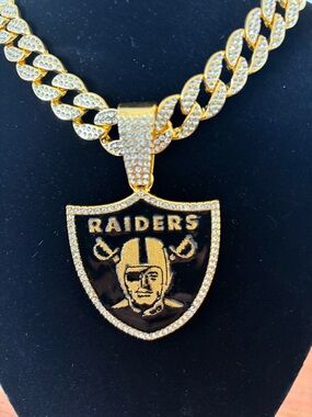 Iced out Gold & Black Raiders Shield Pave Pendant Necklace